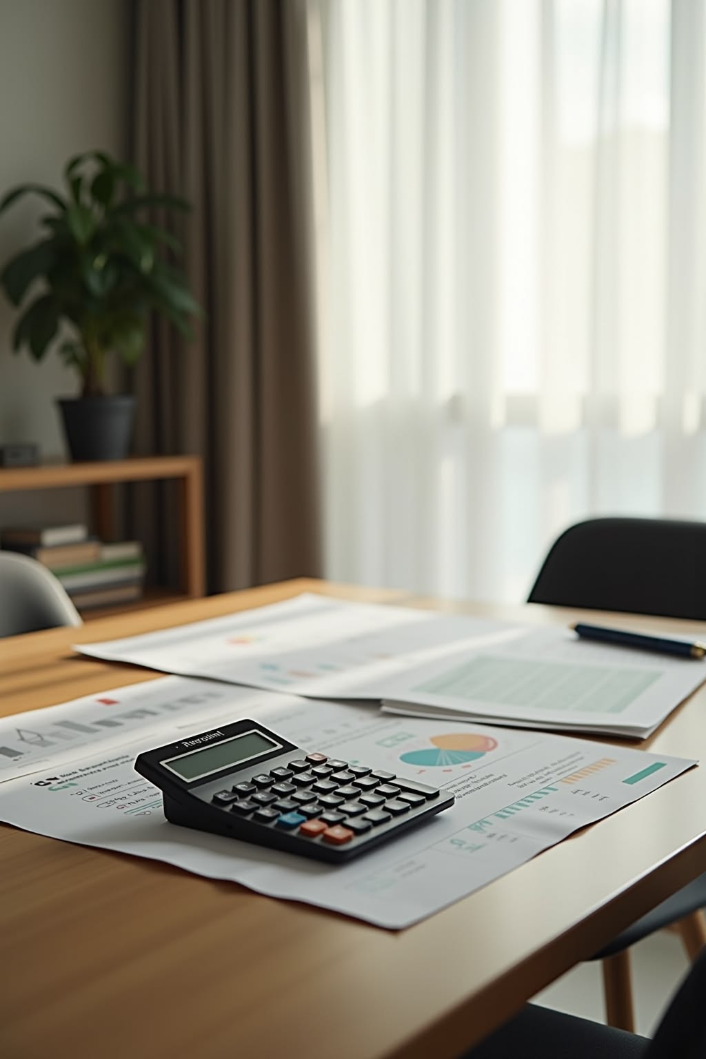 Clean professional desk with calculator resting on financial charts