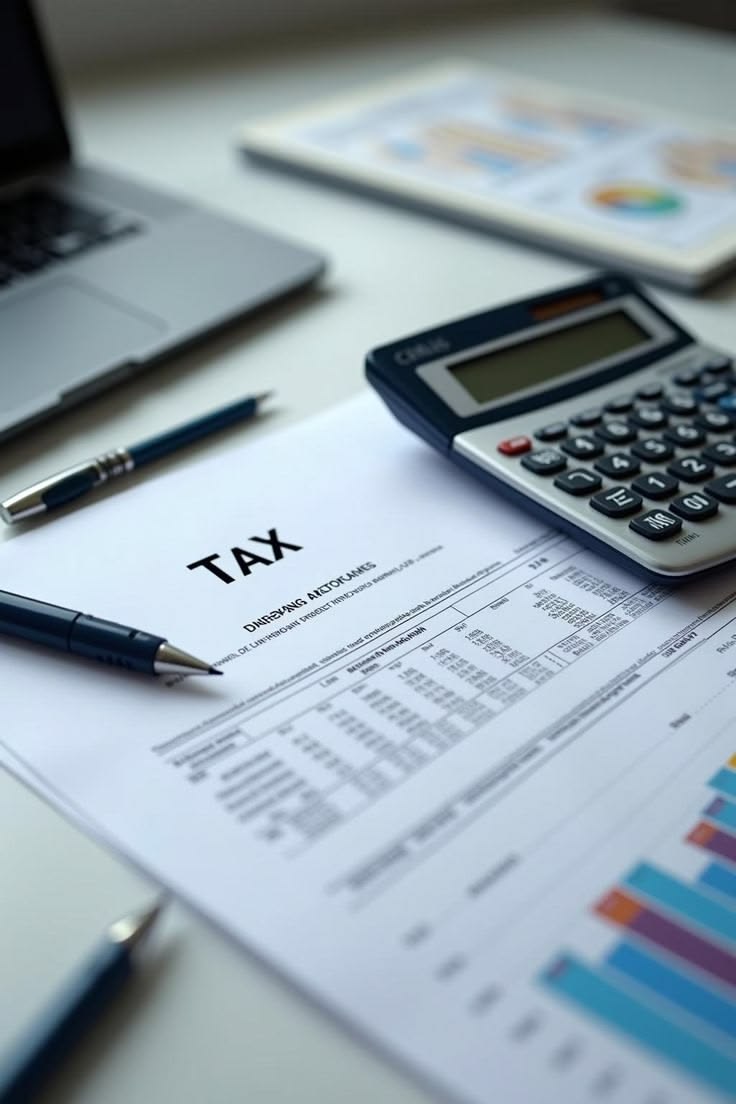 TAX document with calculator and financial charts on desk